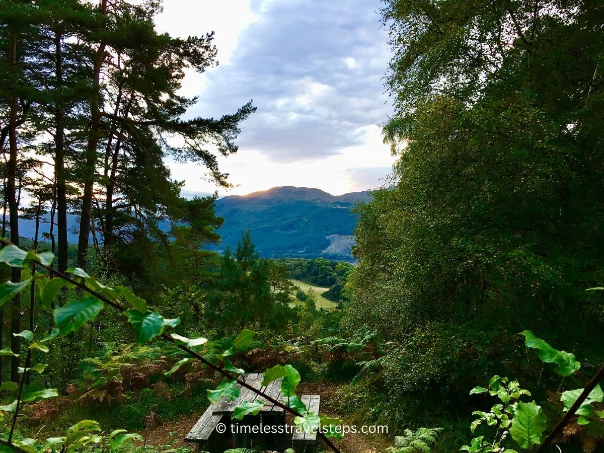 picnic benches dotted around the landscape at the Falls of Foyers Inverness Scotland