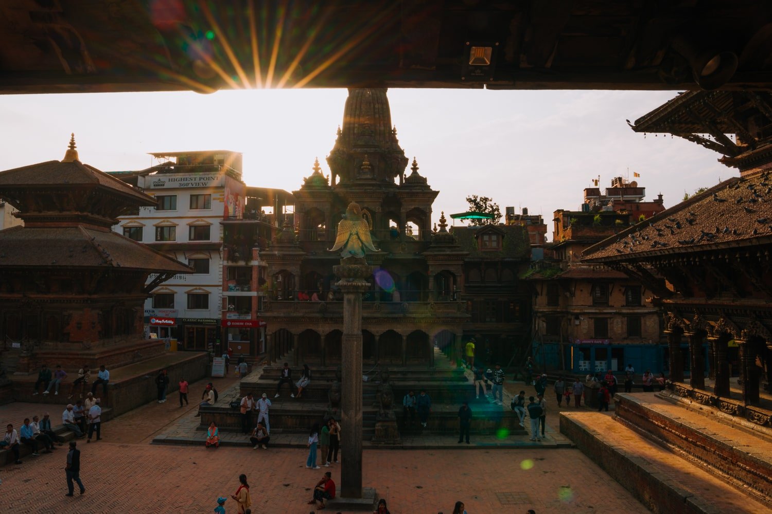 View of Krishna Mandir temple from the Royal Palace windows in Patan Durbar Square.