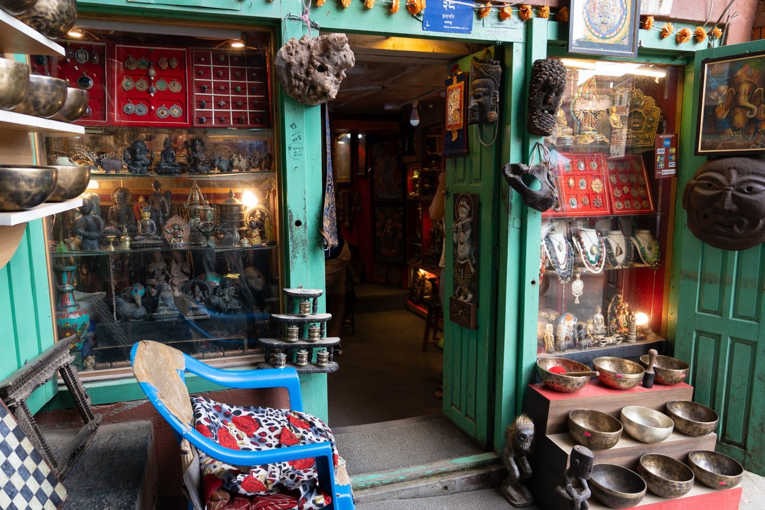 A healing bowl center and store behind the Golden Temple in Patan Durbar Square.