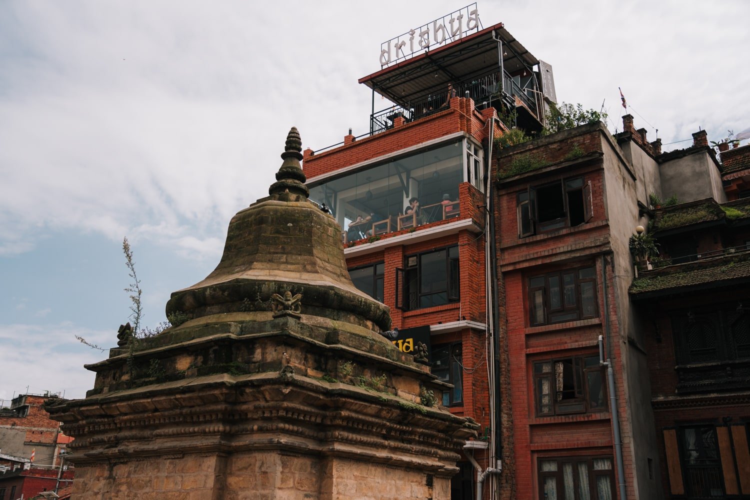 A rooftop cafe in Patan overlooking an ancient temple pagoda.