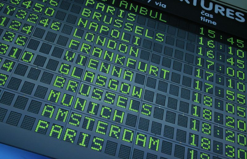 Airport departure board showing flights going around Europe that one can take with a flexible itinerary