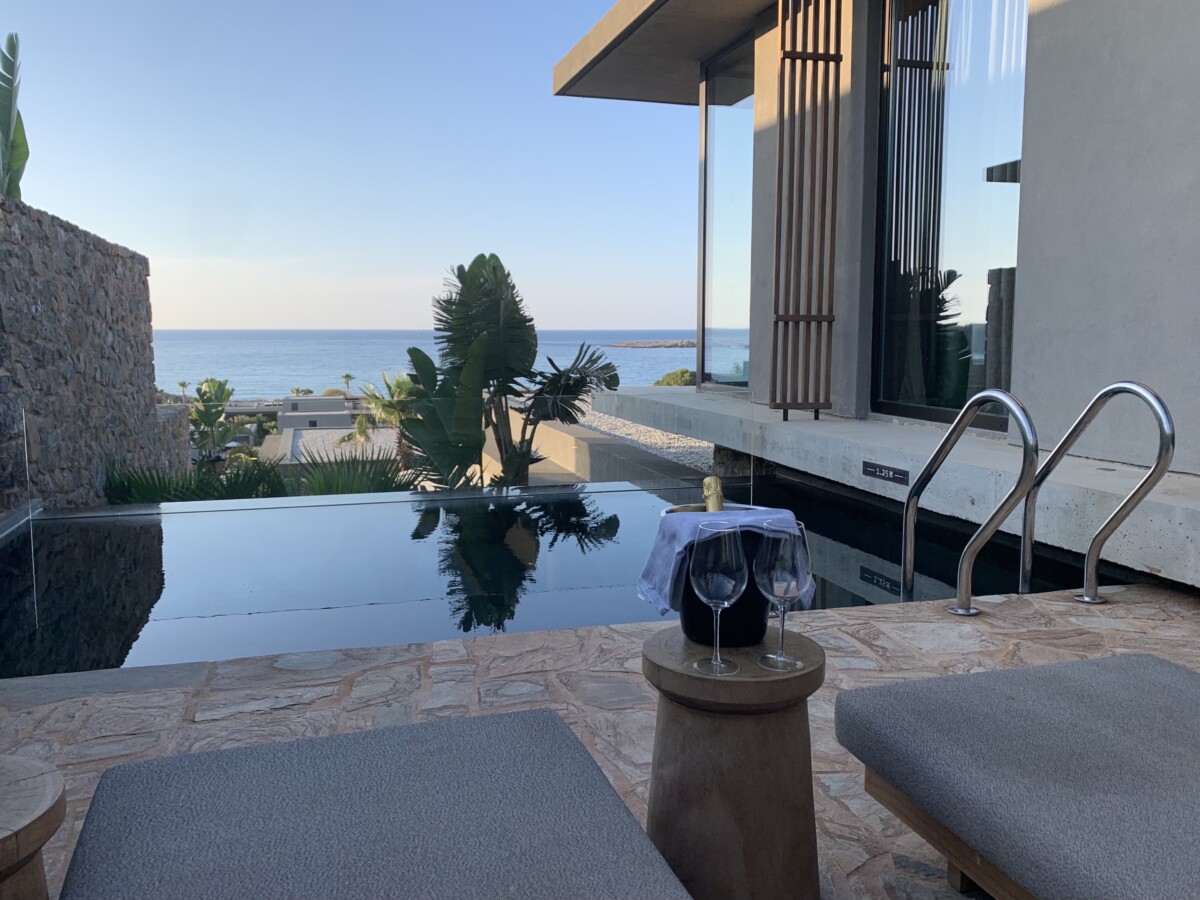 Private swimming pool with champagne outside of my suite at the Domes Zeen, a Luxury Collection Resort, in Chania, Crete, Greece