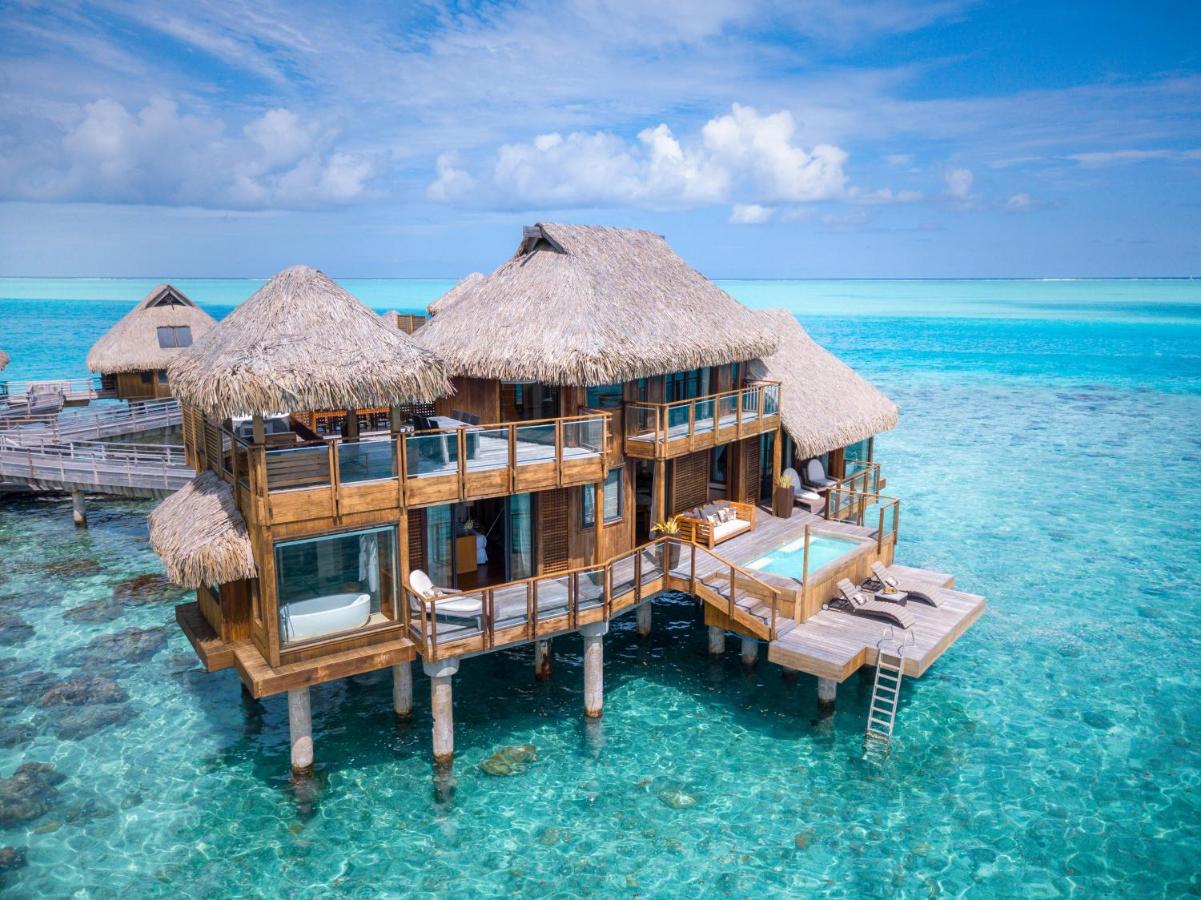 Aerial view of the two-level Presidential Overwater Villa at the Conrad Bora Bora Nui