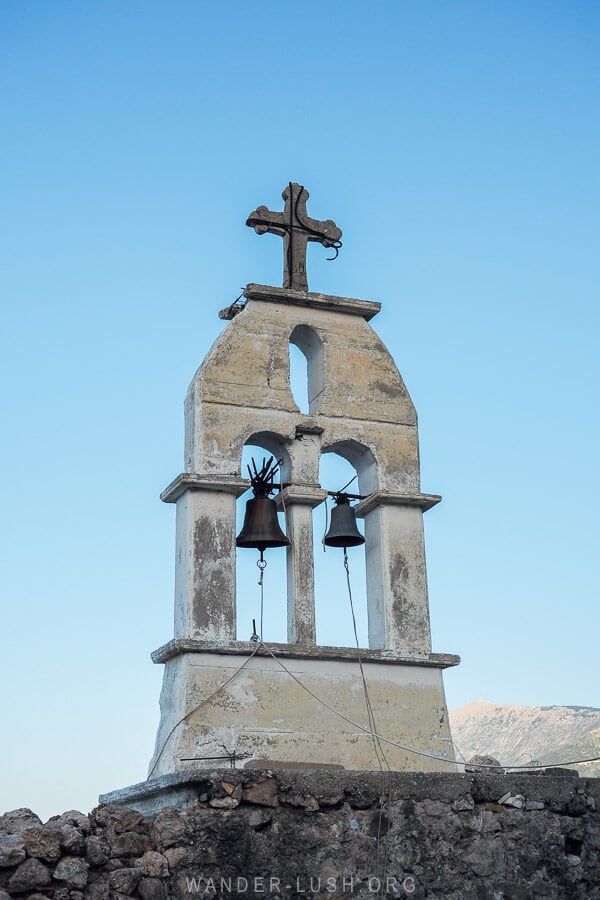 A Greek belltower with two bells in Dhermi, Albania.