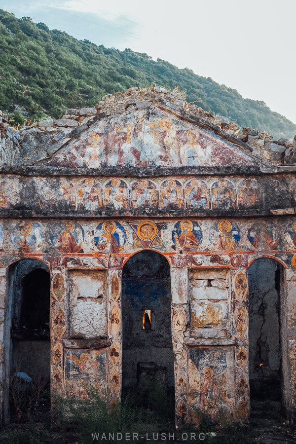 St Nicholas Church in Vuno, a ruined Byzantine chapel with vivid frescoes.