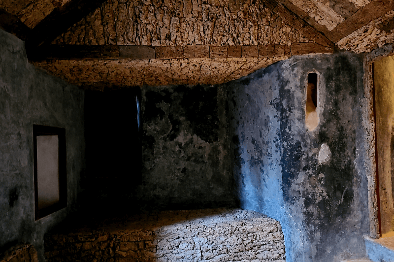 Cork on the ceiling and bench in the choir room at Convent of the Capuchos