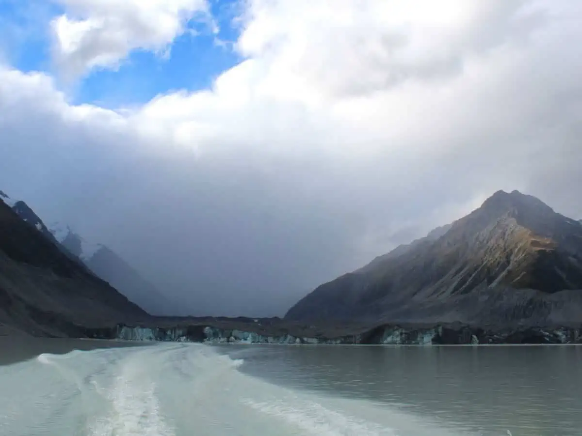 view on the water on a Glacier Explorers boat in Aoraki Mt Cook