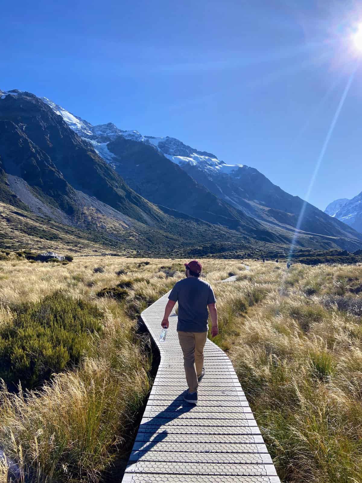 Colin walking the Hooker Valley Track at Aoraki Mt Cook