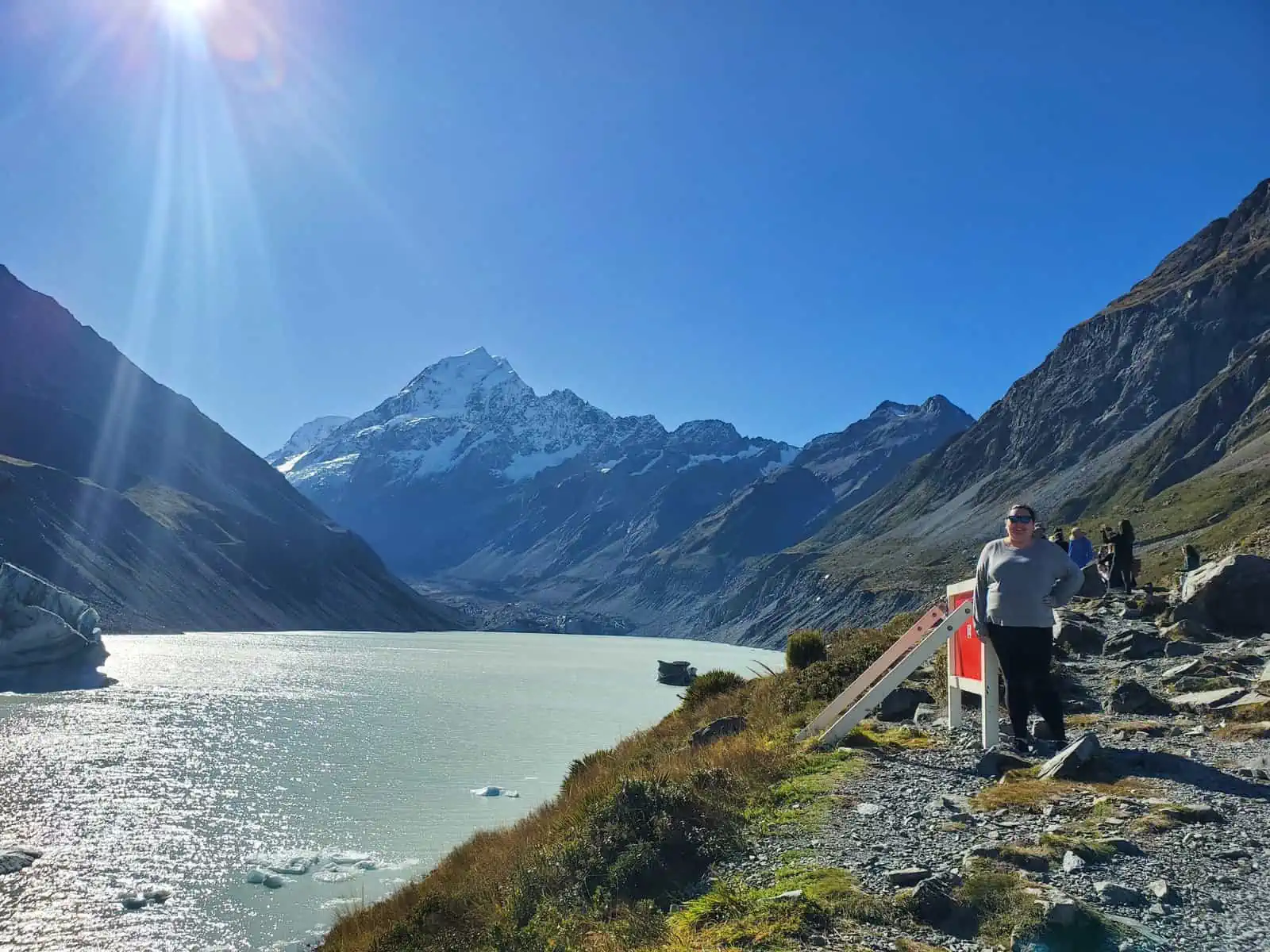 Riana at the end of the Hooker Valley Track in Aoraki Mt Cook