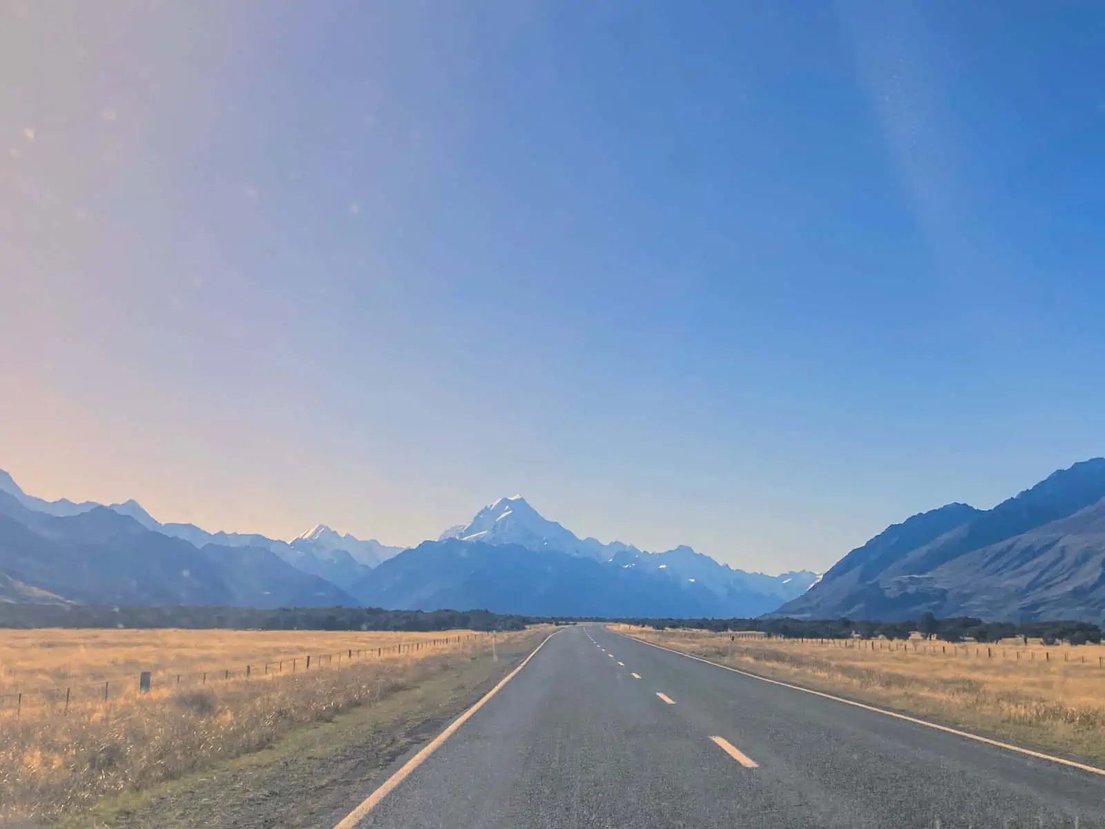 Driving the road to Aoraki Mt Cook