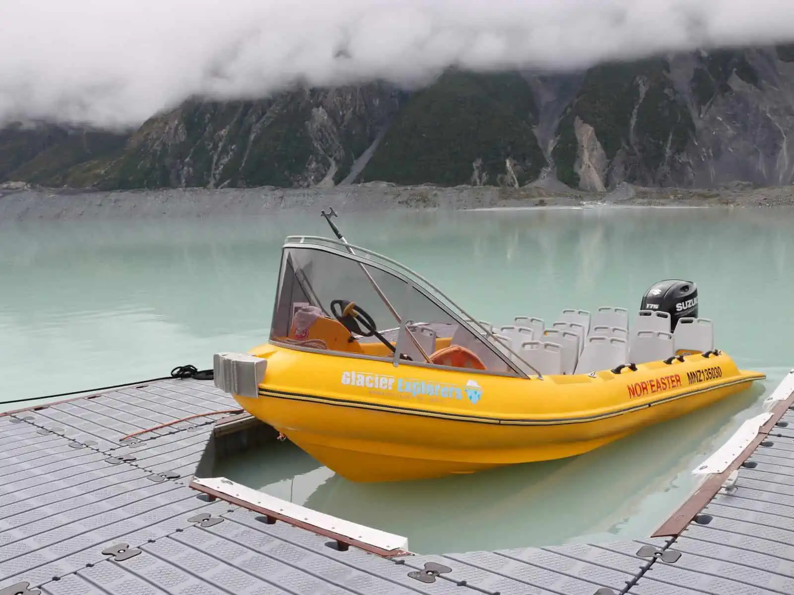 Glacier Explorers boat on Lake Tasman at Aoraki Mt Cook