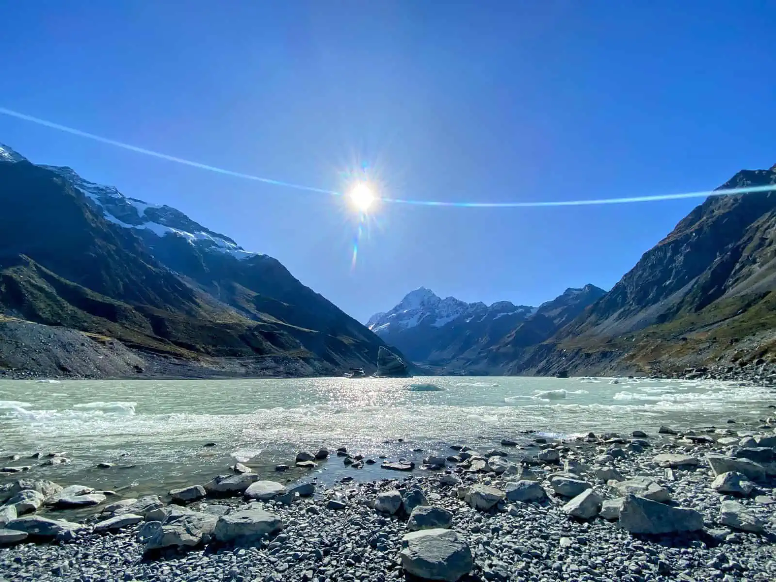 Aoraki Mt Cook in the Southern Alps with glacier water