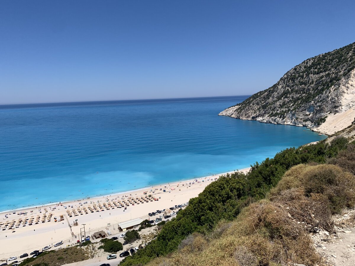 The electric blue waters and white sand of Myrtos Beach, Kefalonia, Greece