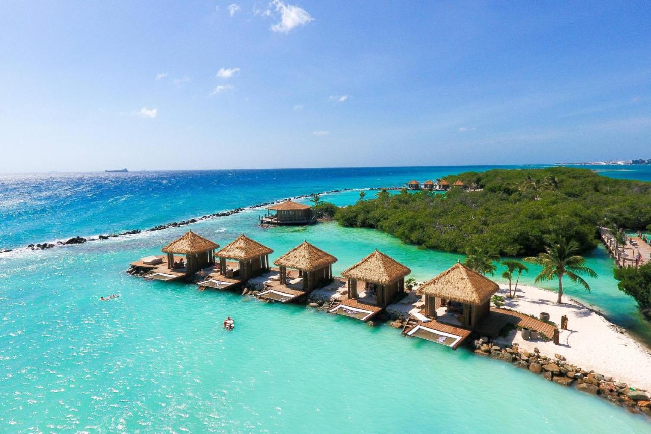 Aerial view of the beachside cabanas on Renaissance Island, Aruba