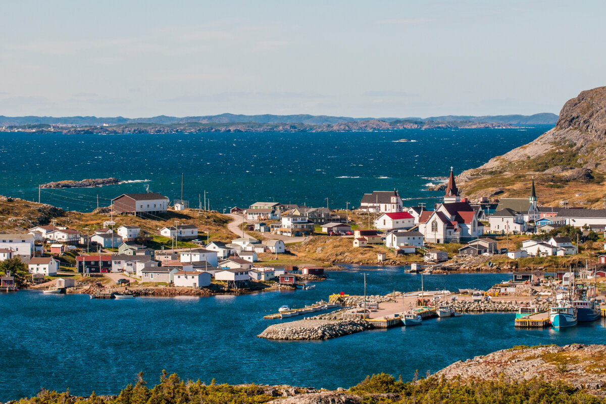 Aerial view of the historical Tilting Village on Fogo Island, Canada