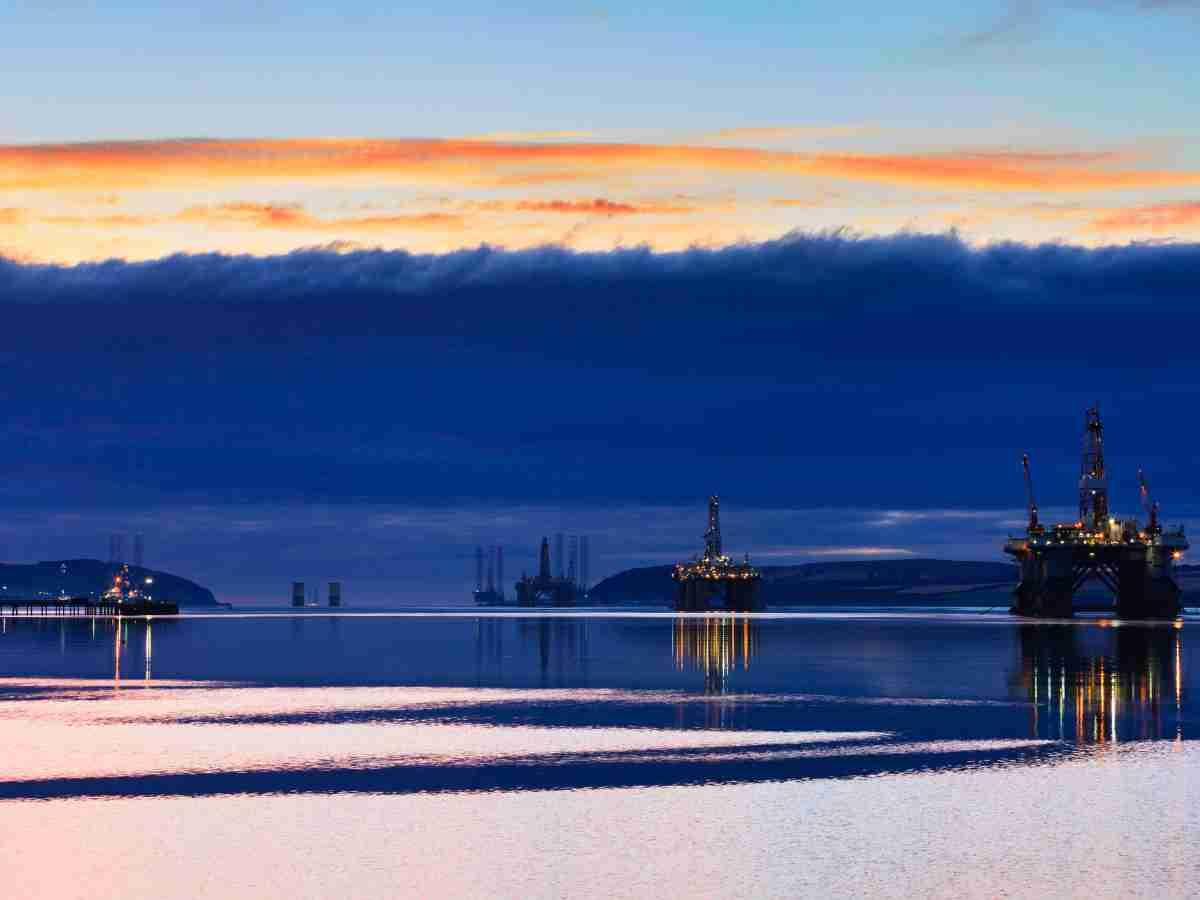 semi submersible oil rigs during sunrise at Cromarty Firth