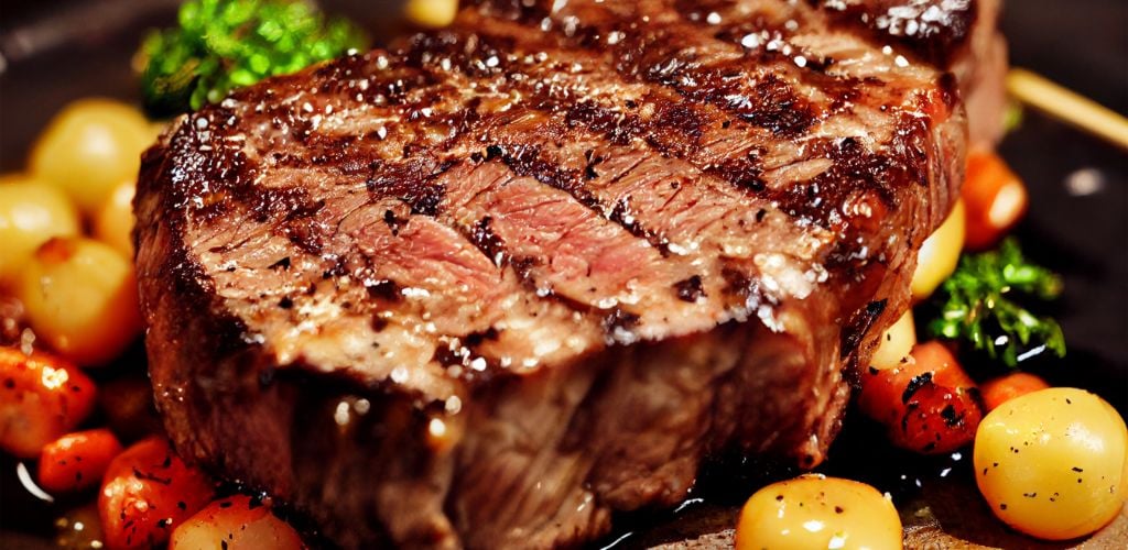 grilled ribeye steak with rosemary, garlic, and cherry tomato on the side dish. 