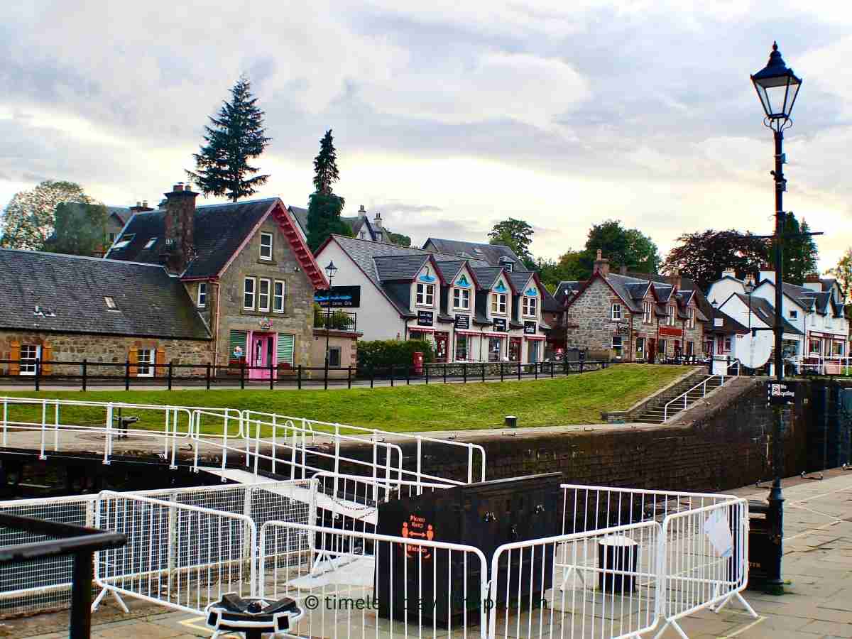 shops and cafes in Fort Augustus with views of the Caledonian Canal: one of the best things to do 