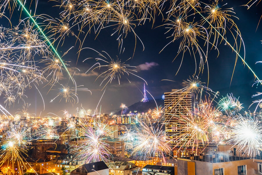 Fireworks surround the city in Tbilisi, Georgia on New Year's Eve.