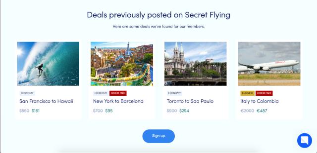 Deal examples from the Secret Flying deal finding service, like Going