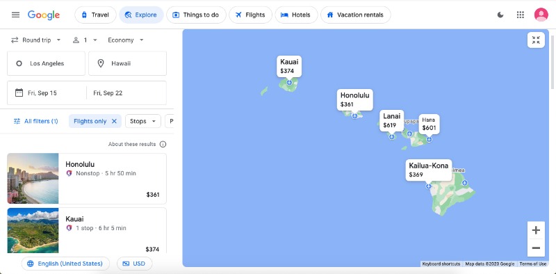 Flight prices by destination on Google Flights