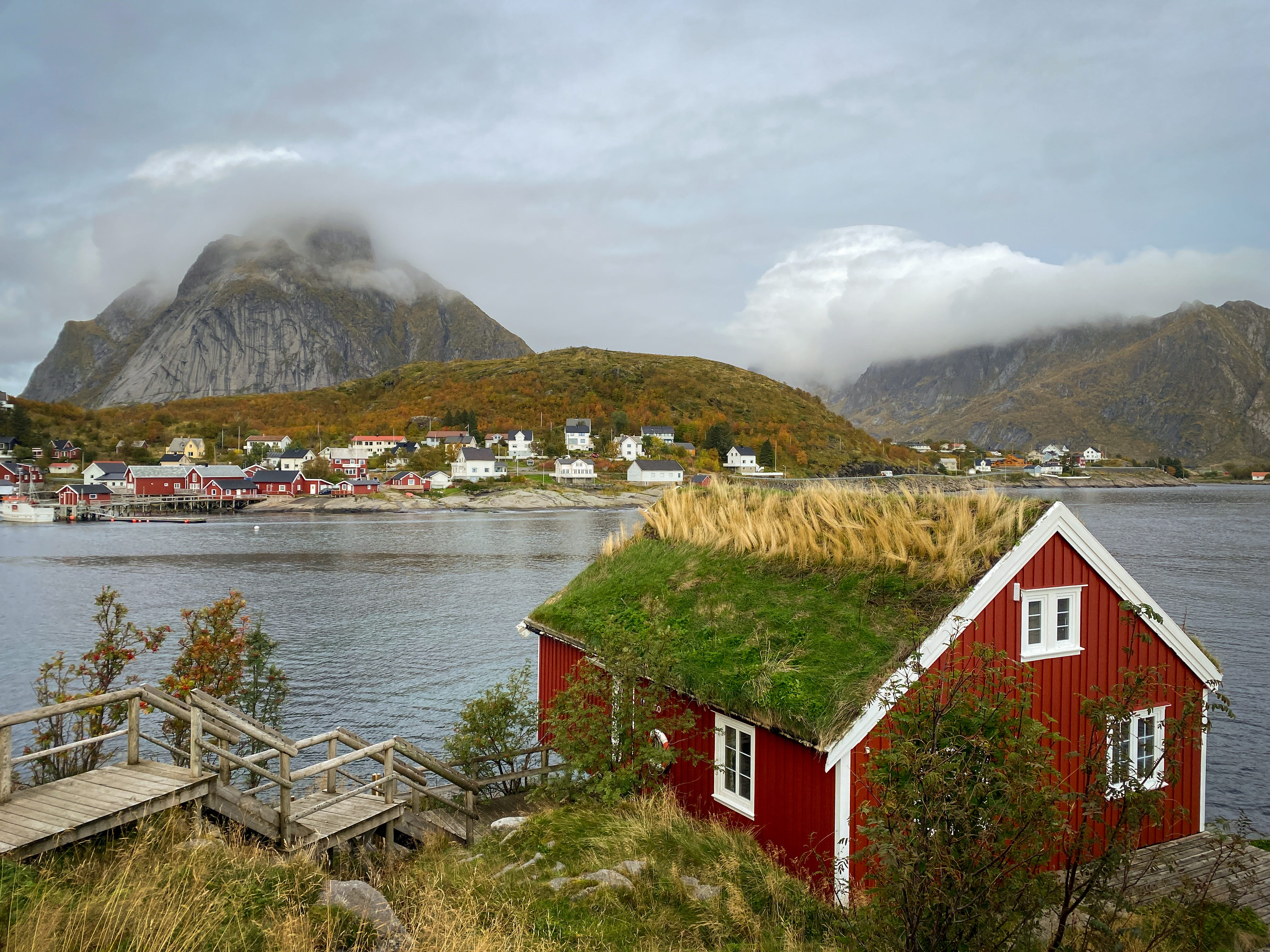 Traditional turf roof cottages in Lofoten Islands