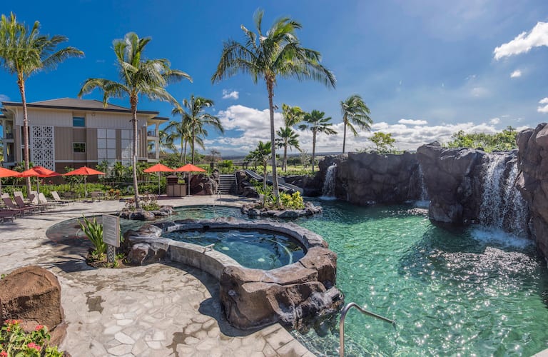 The family pool at Hilton Kings' Land Resort, with jacuzzi and three waterfalls. 