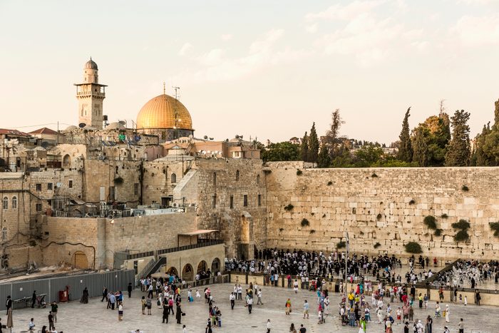 Old Town, Jewish Quarter, the Western Wall (Wailing Wall) and, on the background, the Dome of the Rock and a minaret of Temple Mount