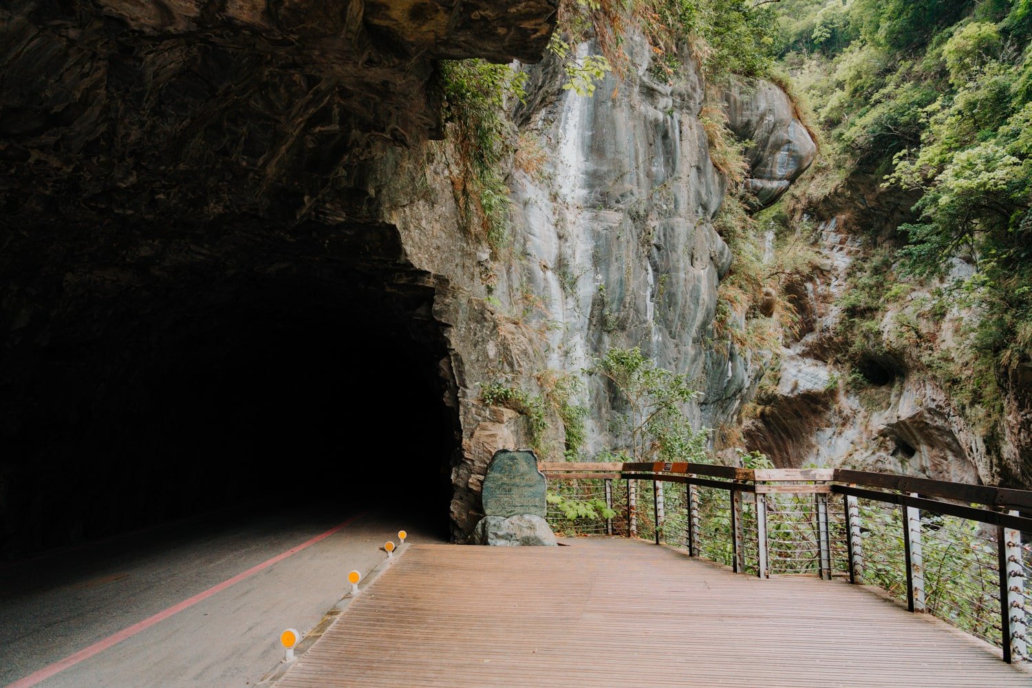 Tunnel with marker inside Taroko Gorge, Taiwan.