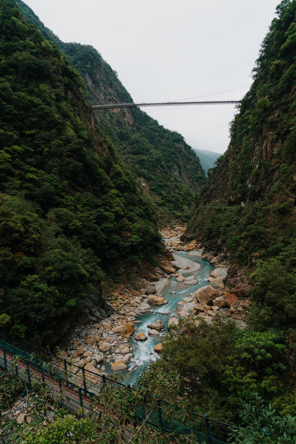 Suspension bridges crossing the Liwu River inside Taroko Gorge, Taroko National Park, Taiwan.