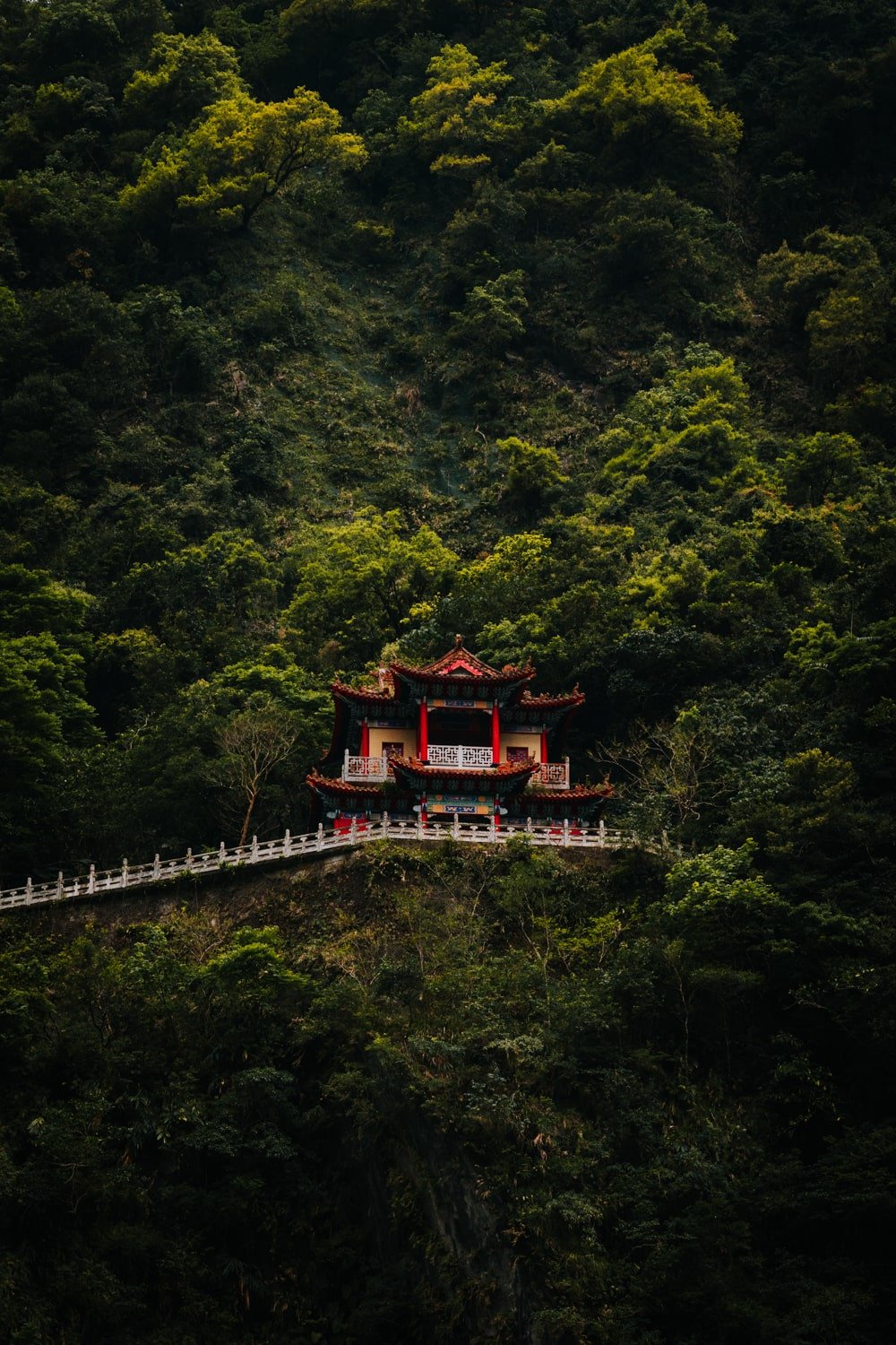 The Eternal Spring Shrine Bell Tower tucked on a hill in Taroko Gorge.