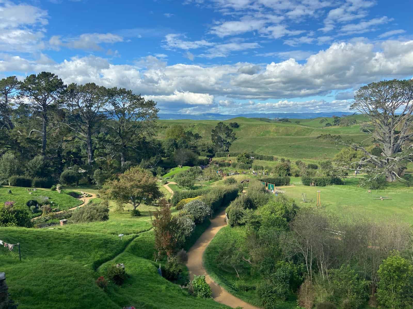 view over the Alexander family farm, aka the Shire at the movie set tour of Hobbiton, New Zealand