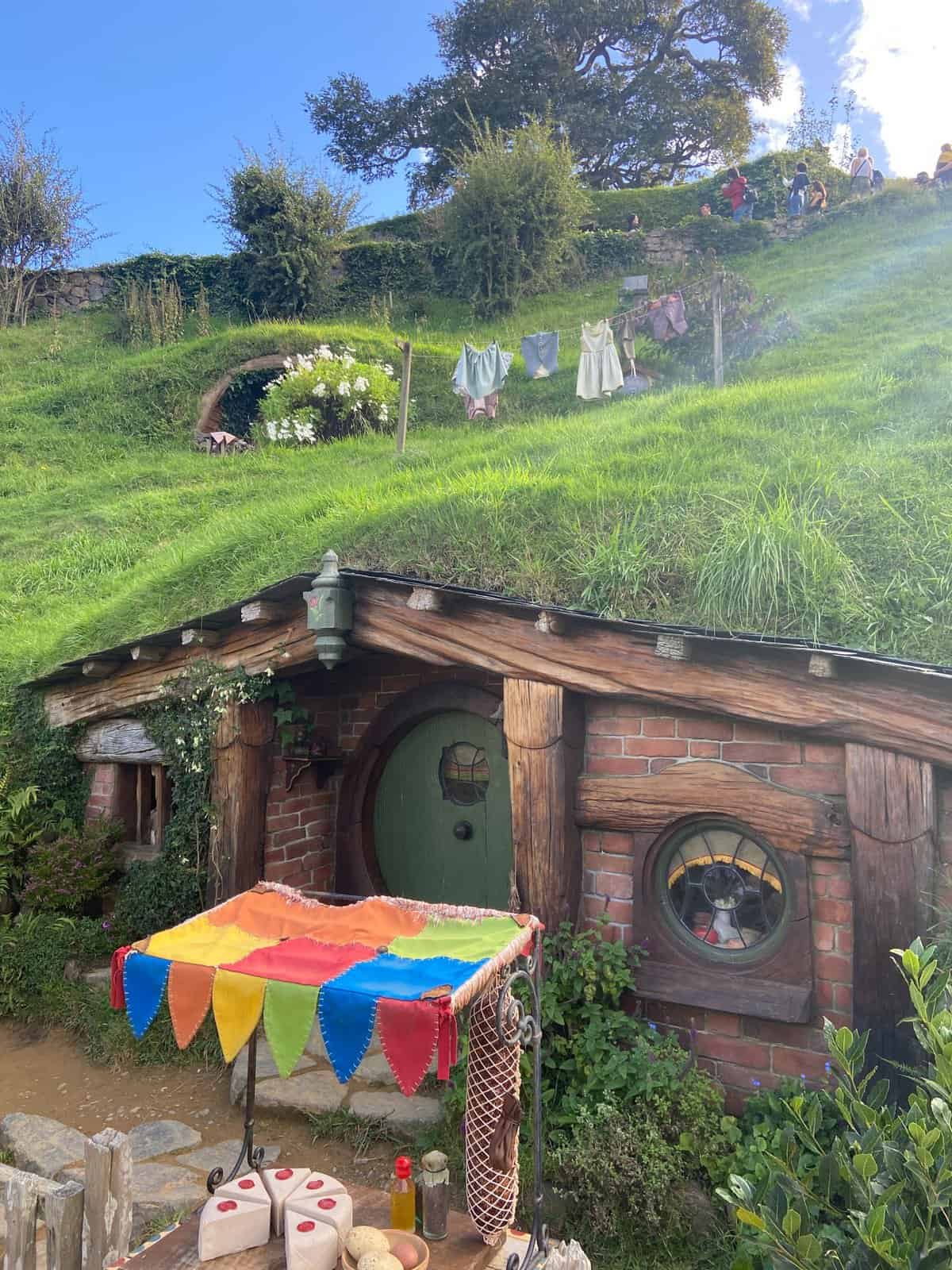 Hobbit Holes and laundry lines on the set tour of Hobbiton, New Zealand