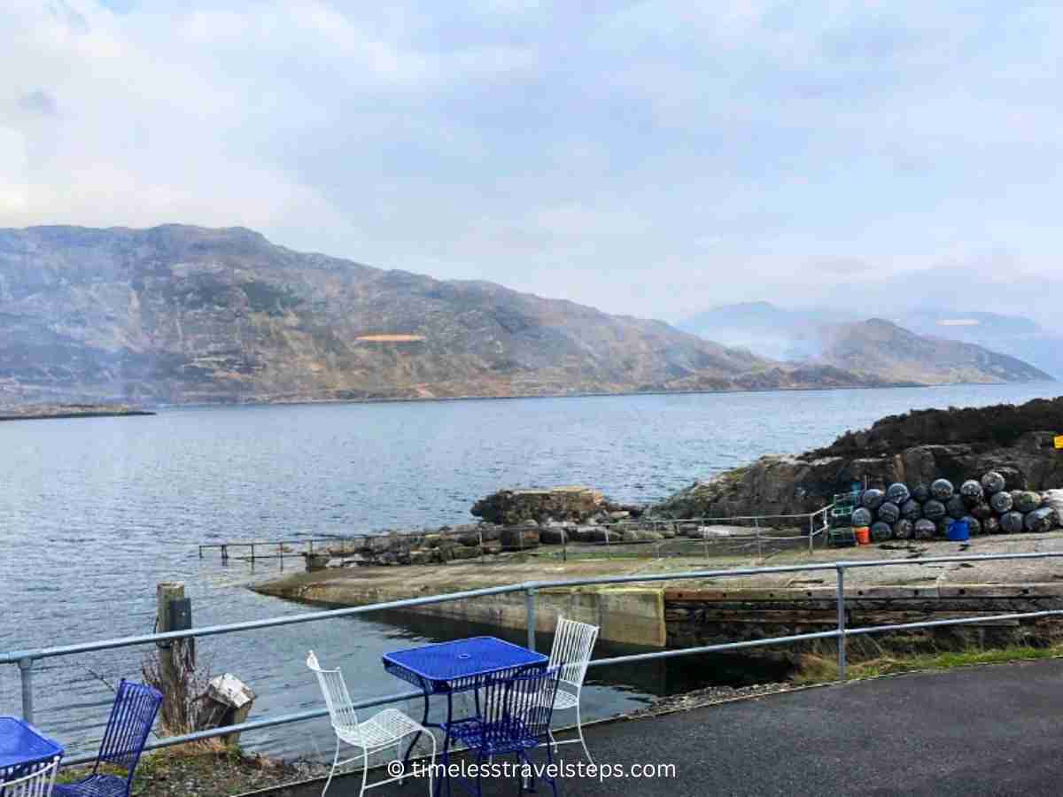 view of Kylesku harbour from the terrace at Kylesku Hotel