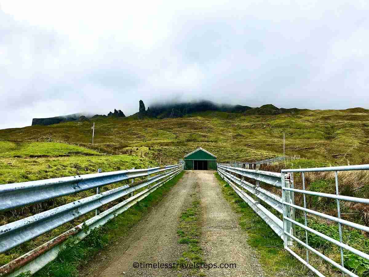 Old Man of Storr, seen from the A855 road side shrouded in misty clouds