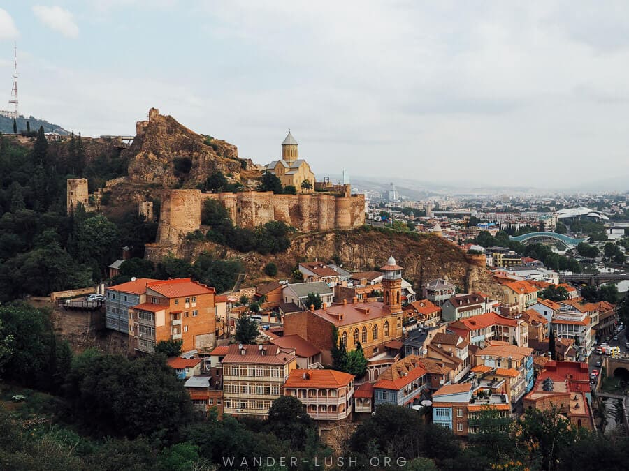 A panoramic view of Tbilisi city and Narikala Fortress from Tabori Monastery.