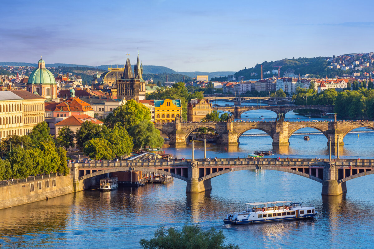 Prague city skyline and Charles Bridge