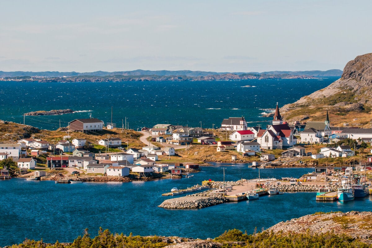 Aerial view of the historical Tilting Village on Fogo Island, Canada