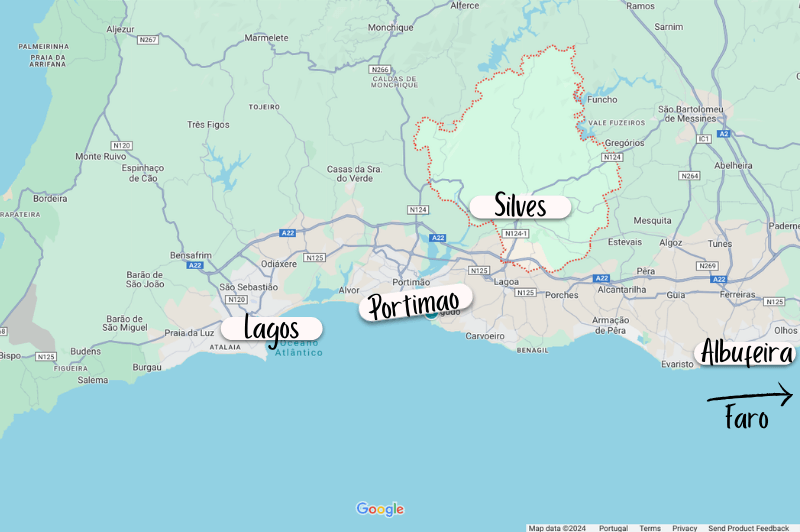 Silves on a map in relation to other Algarve towns like Lagos, Portimao, and Albufeira.