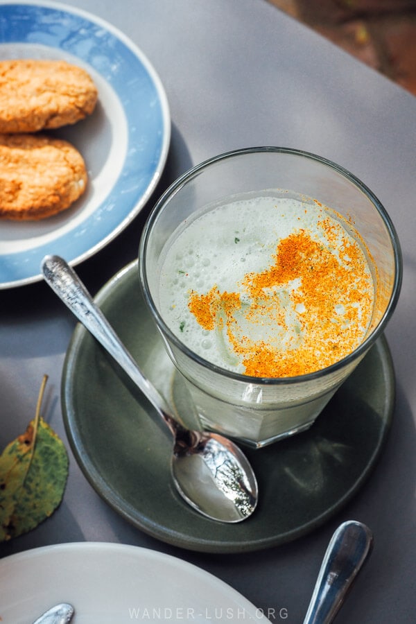 A glass of cold yogurt soup at Black Tomato, a new restaurant in Kutaisi Georgia.