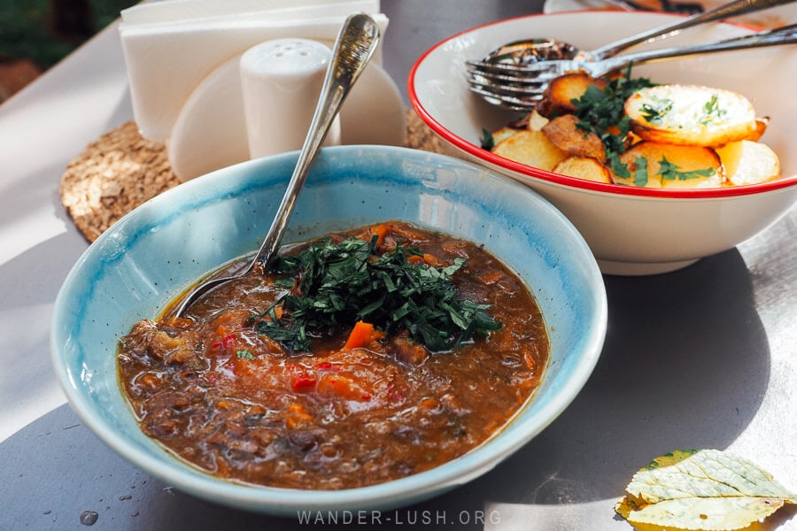 A bowl of Jewish Cholent stew at a restaurant in Kutaisi.