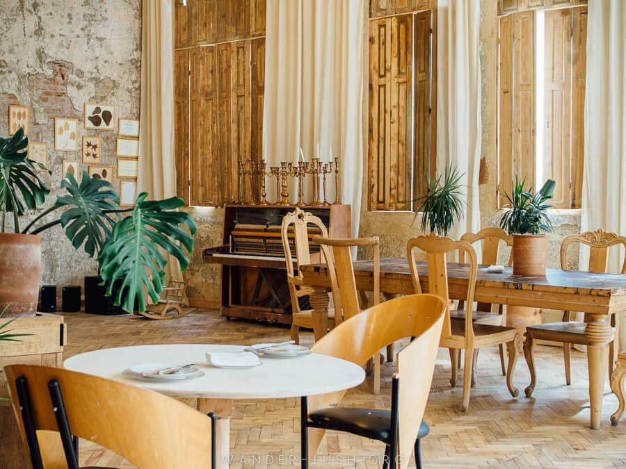 The light and bright dining room at Sisters Kutaisi, with wooden tables and chairs.