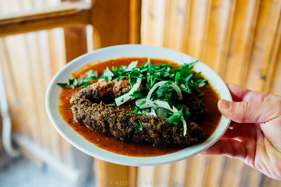 A simple plate of meat kebab, not something you can try at all Kutaisi restaurants.