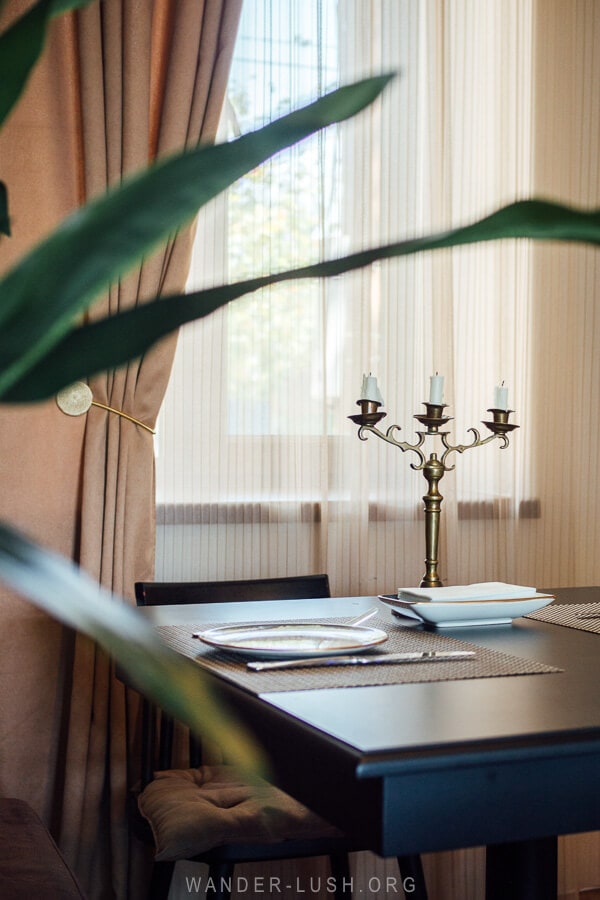 Formal dining room at Story, a new restaurant in Kutaisi, Georgia.