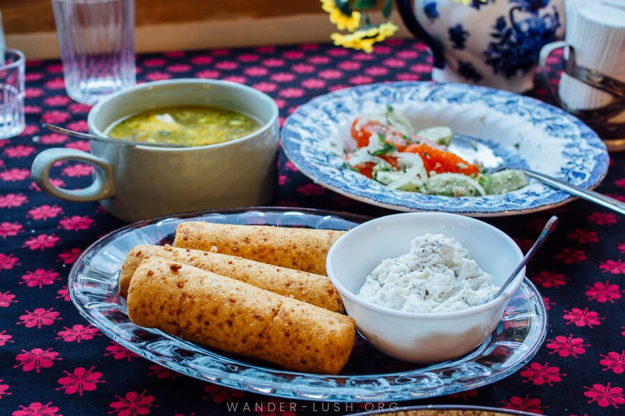 Elarji sticks with Nadhugi cottage cheese at At Home restaurant in Kutaisi.