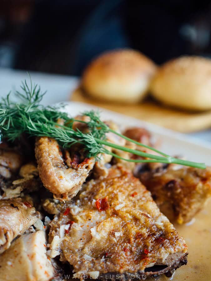 Chicken shkmeruli at Paolo restaurant in Kutaisi.