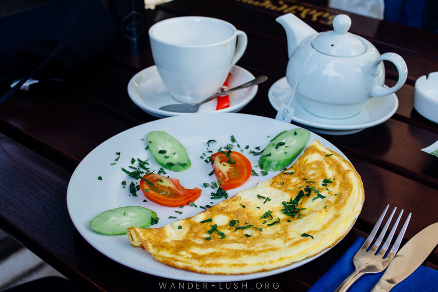 An omelette and teacup.