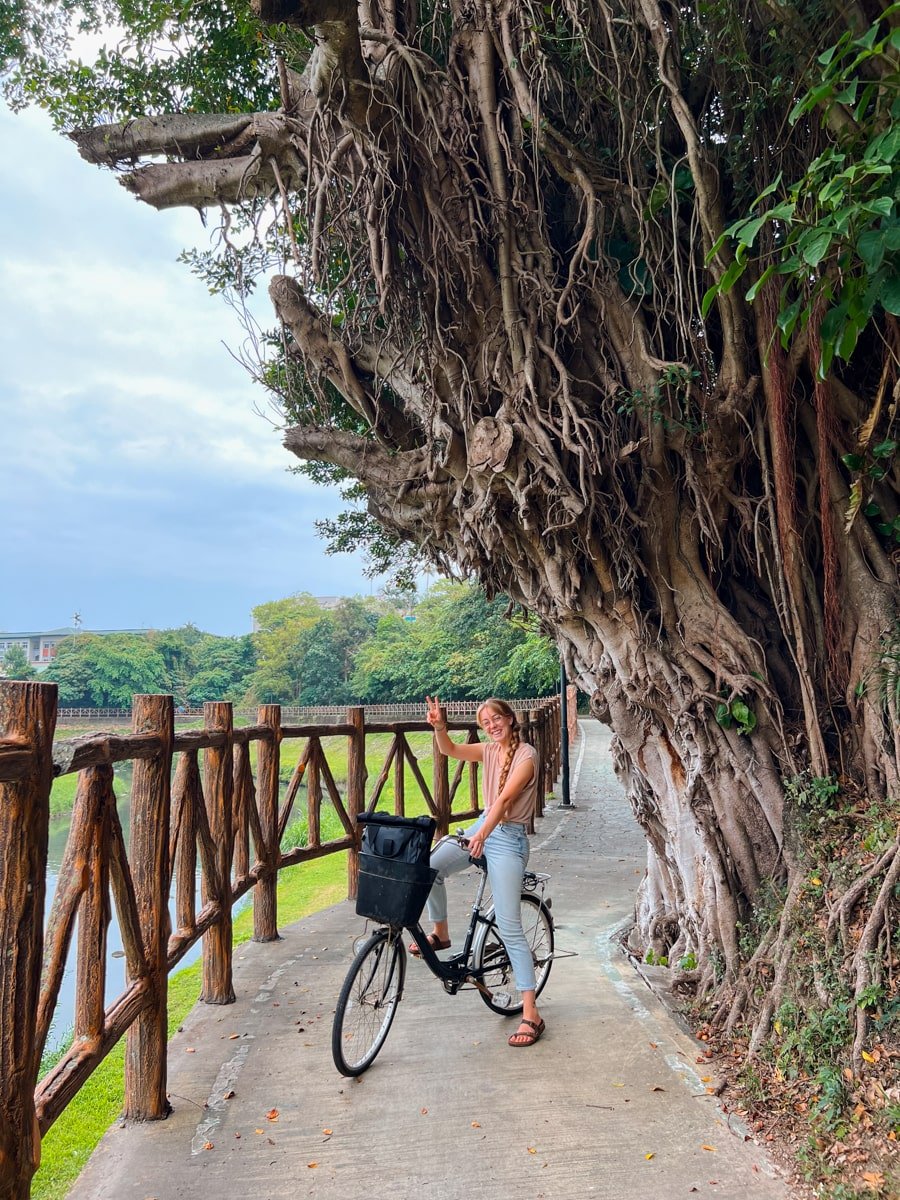 Female traveler on biking lane in Hualien, Taiwan.