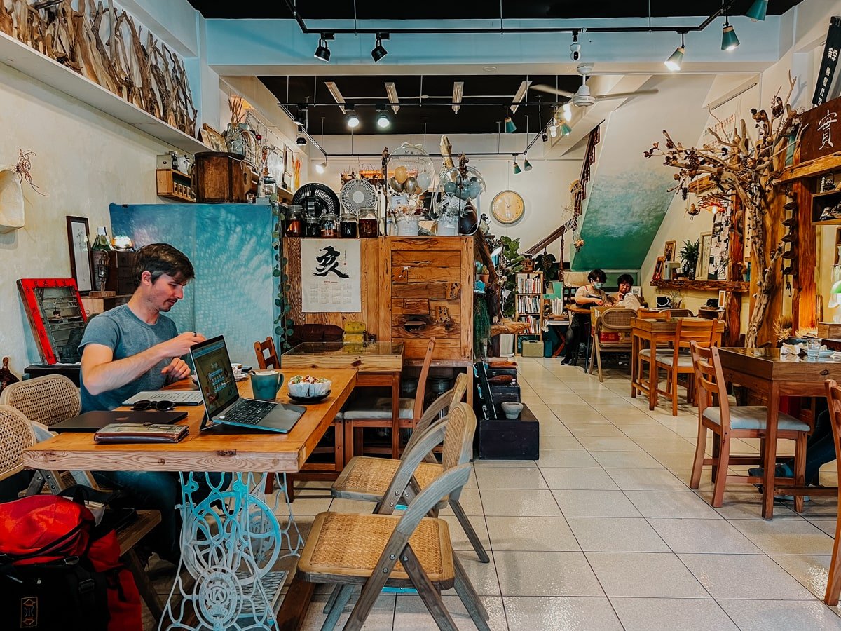 Digital nomad working in a cafe in Hualien City, Taiwan.