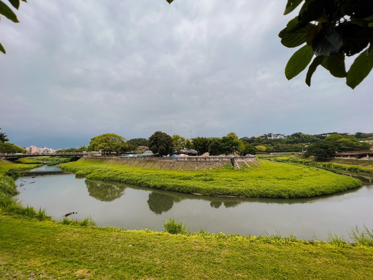 Riverbend and grassy park in the city of Hualien, Taiwan.